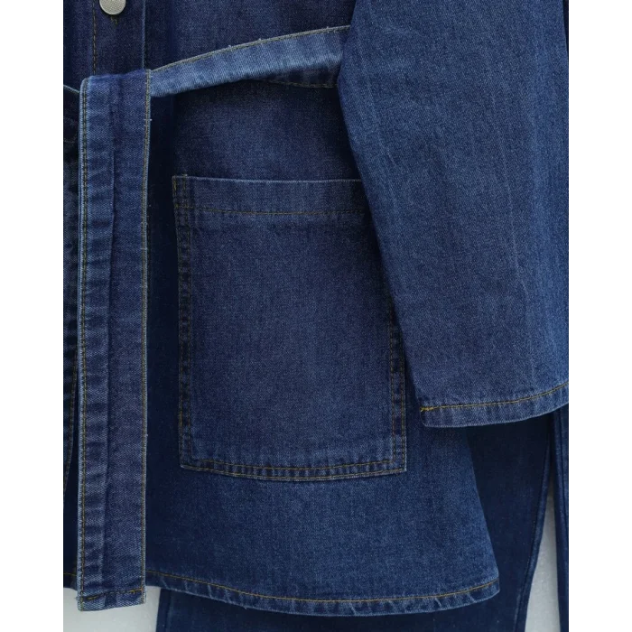 Beli Kemerli Cepli Önü Düğmeli Kot Takım -İndigo