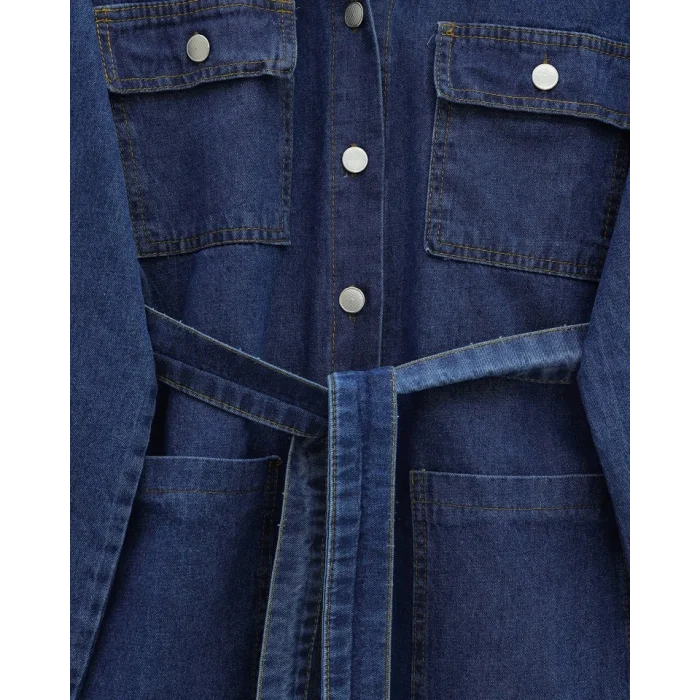 Beli Kemerli Cepli Önü Düğmeli Kot Takım -İndigo