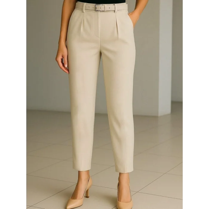 Beli Kemerli Çift Cepli Pantolon-Bej