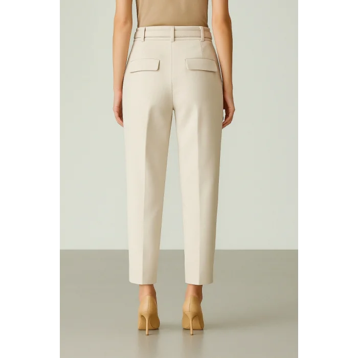 Beli Kemerli Çift Cepli Pantolon-Bej