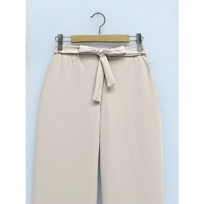 Beli Lastikli Bağlamalı  Bol Paça Pantolon  -Bej