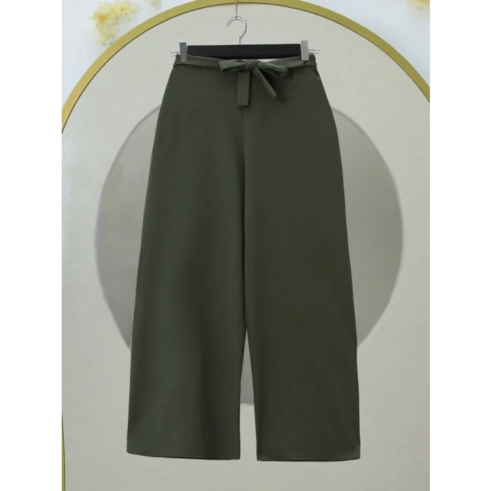 Beli Lastikli Bağlamalı  Bol Paça Pantolon  -Haki