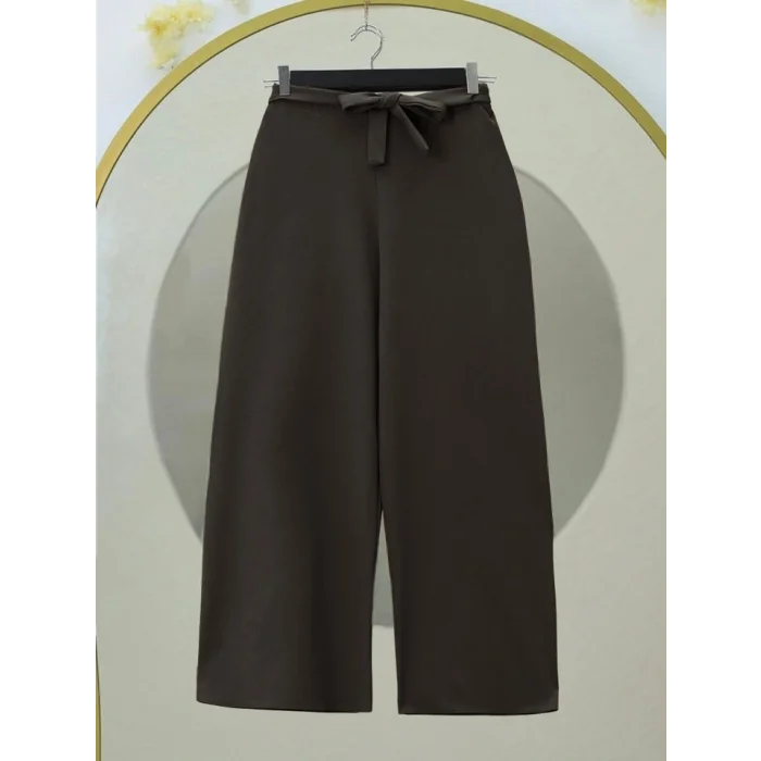 Beli Lastikli Bağlamalı  Bol Paça Pantolon  -K. Kahve