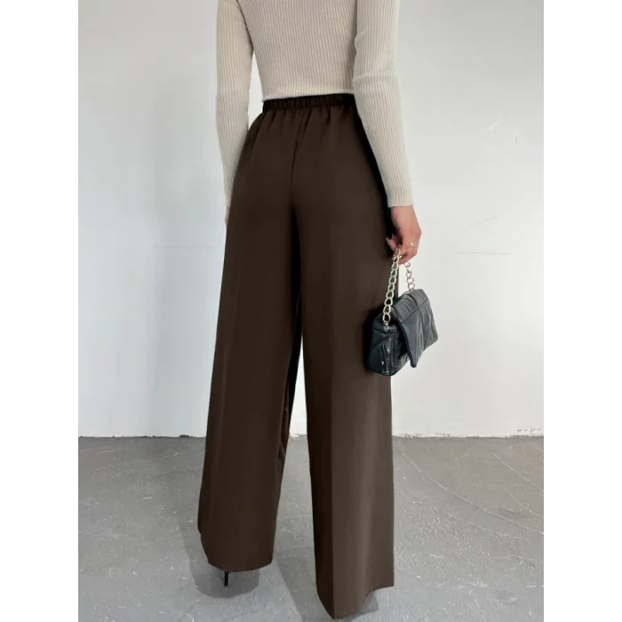 Beli Lastikli Bağlamalı  Bol Paça Pantolon  -K. Kahve