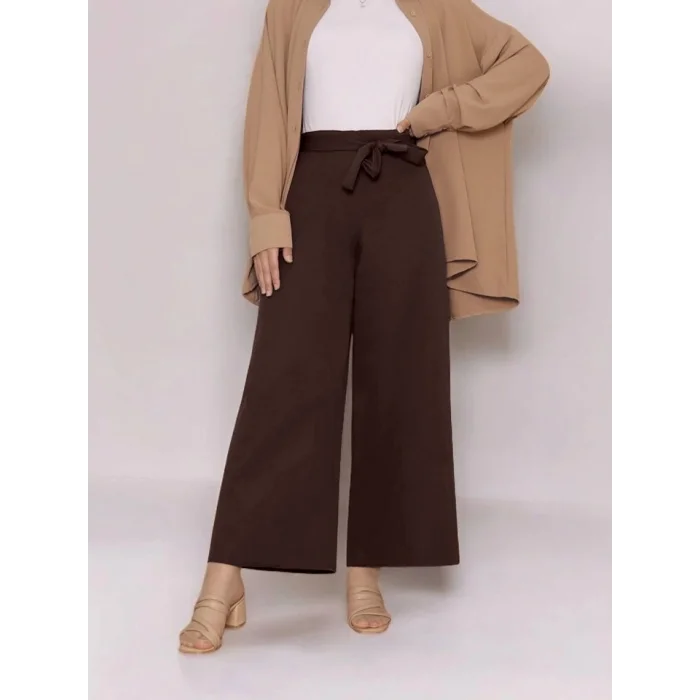 Beli Lastikli Bağlamalı  Bol Paça Pantolon  -K. Kahve