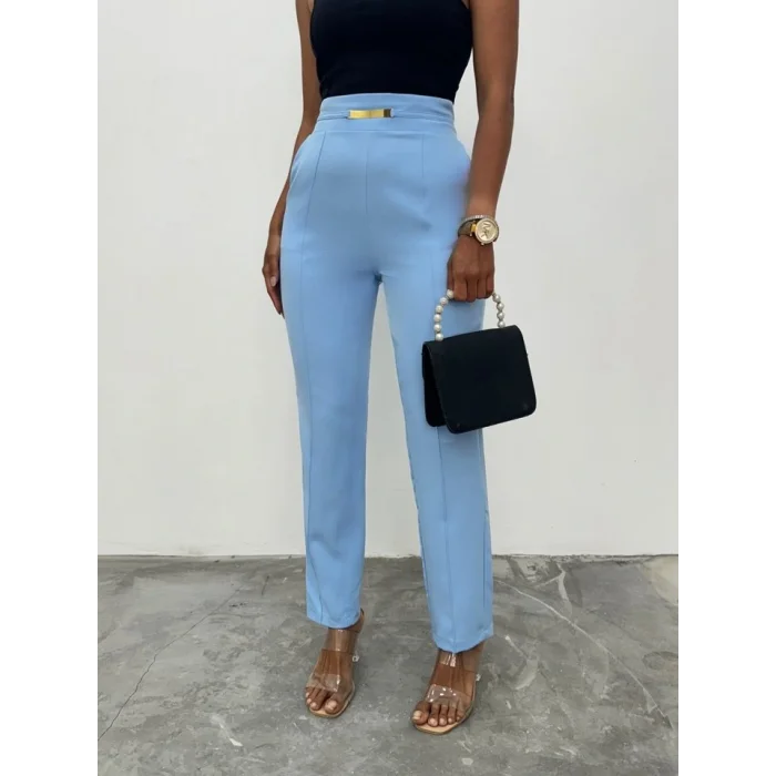 Beli Lastikli Cepli Metal Detaylı Pantolon -Bebe Mavi