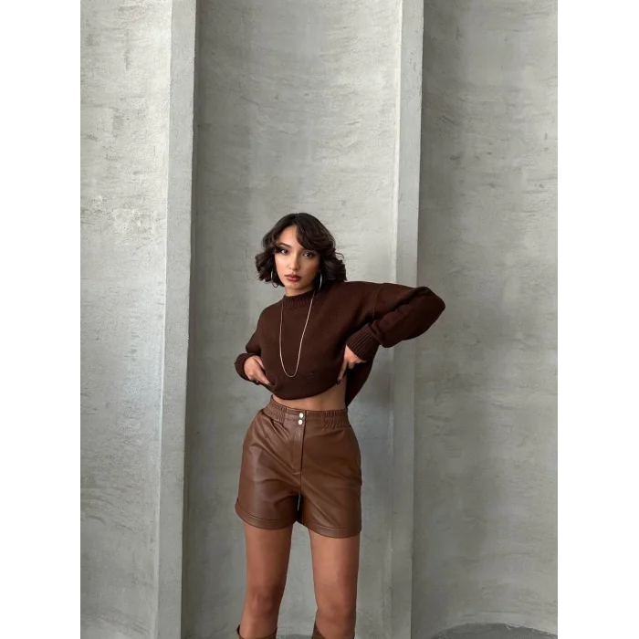 Beli lastikli çıtçıtlı deri şort kahve w241007