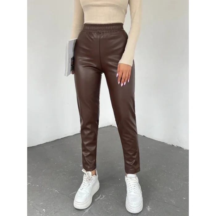 Beli Lastikli Deri Pantolon -Kahve