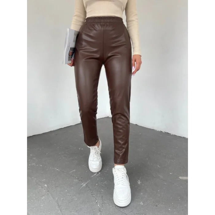 Beli Lastikli Deri Pantolon -Kahve