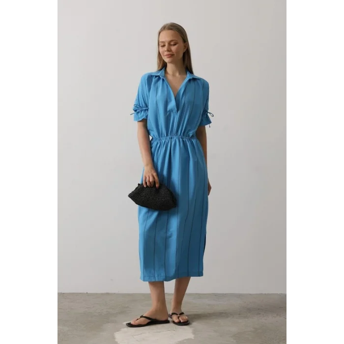 Beli Lastikli Elbise - Mavi