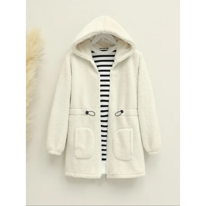 Beli Lastikli Kapşonlu Fermuarlı Peluş Mont -Ekru
