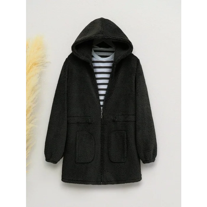 Beli Lastikli Kapşonlu Fermuarlı Peluş Mont -Siyah