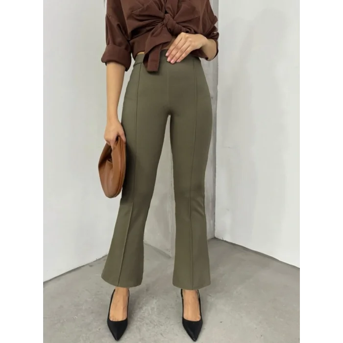 Beli Lastikli Likralı İspanyol Pantolon -Haki