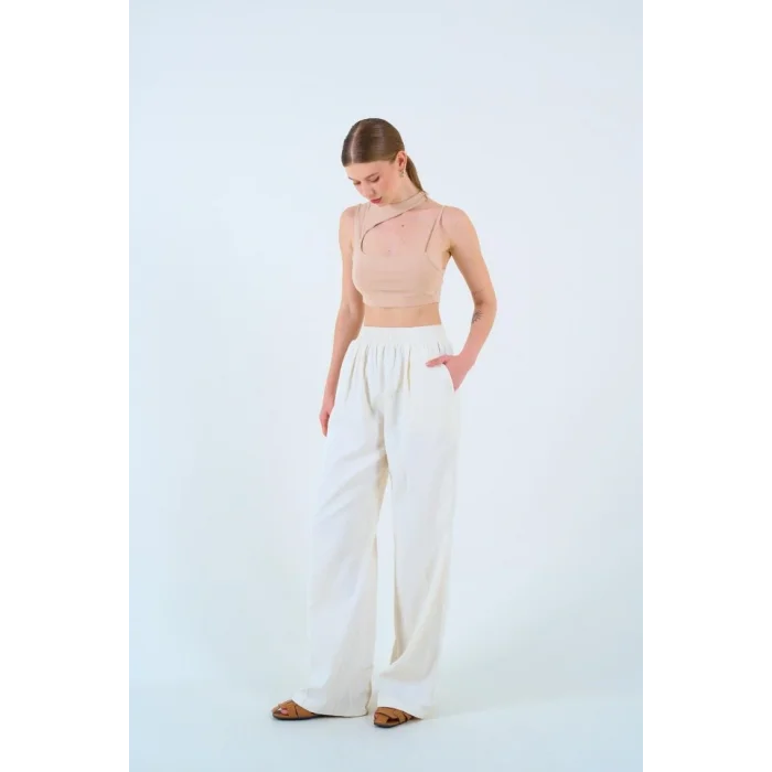 Beli Lastikli Palazo Pantolon - Taş