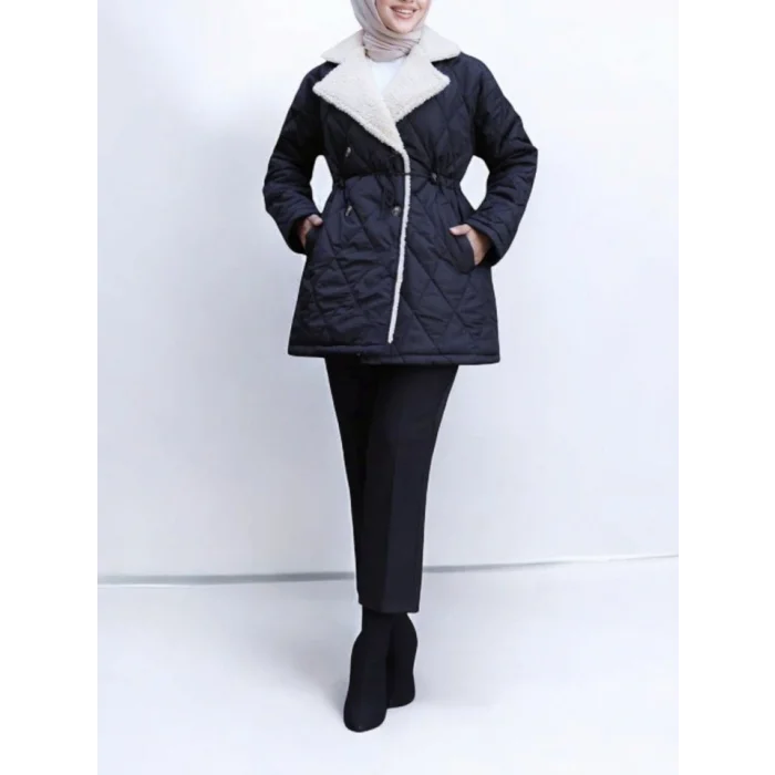 Beli Lastikli Peluş Detaylı Kapitone Mont -Siyah