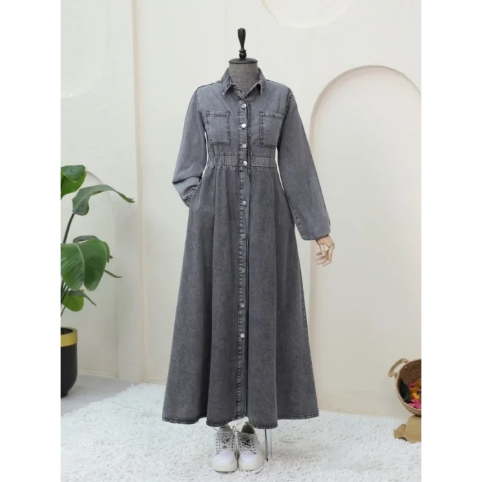 Beli Lastikli Yan Cepli Kot Elbise -Füme