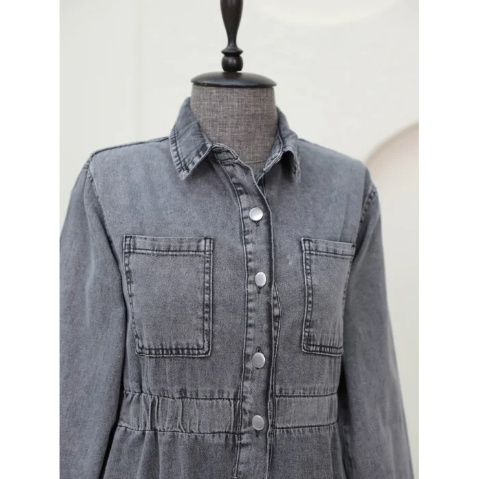 Beli Lastikli Yan Cepli Kot Elbise -Füme