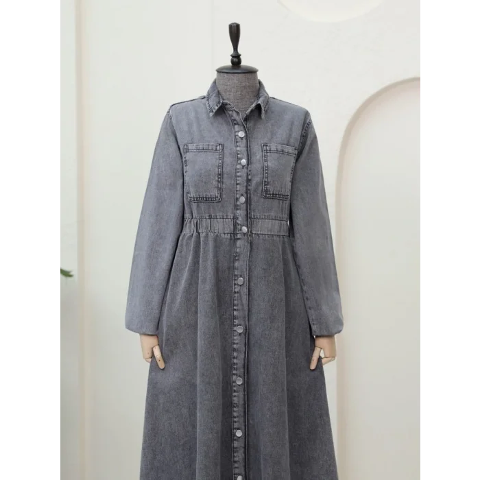 Beli Lastikli Yan Cepli Kot Elbise -Füme