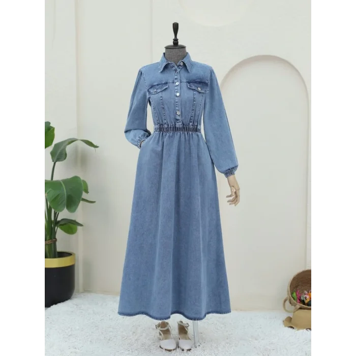 Beli Lastikli Yarım Düğmeli Kot Elbise -Buz Mavi