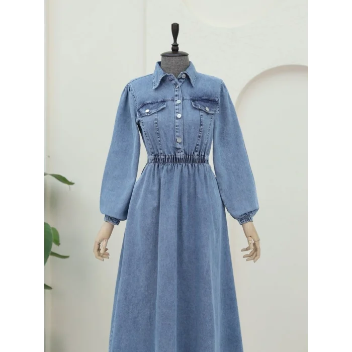 Beli Lastikli Yarım Düğmeli Kot Elbise -Buz Mavi