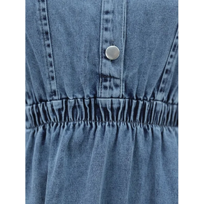 Beli Lastikli Yarım Düğmeli Kot Elbise -Buz Mavi