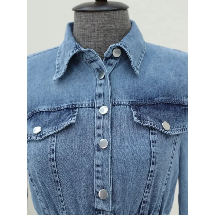 Beli Lastikli Yarım Düğmeli Kot Elbise -Buz Mavi