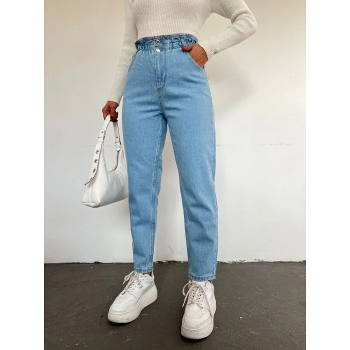 Beli Lastikli Yüksek Bel Kot Pantolon     -Açık Mavi