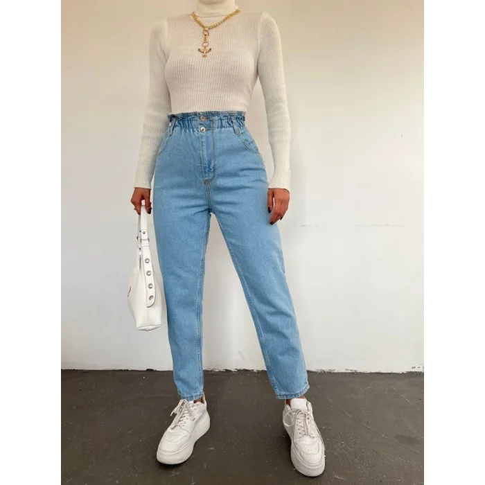 Beli Lastikli Yüksek Bel Kot Pantolon     -Açık Mavi