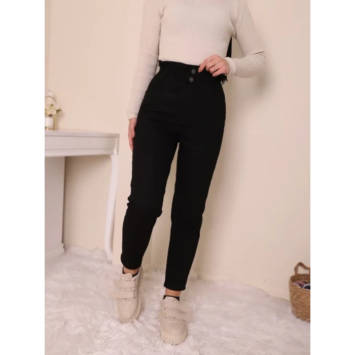 Beli Lastikli Yüksek Bel Kot Pantolon  -Siyah
