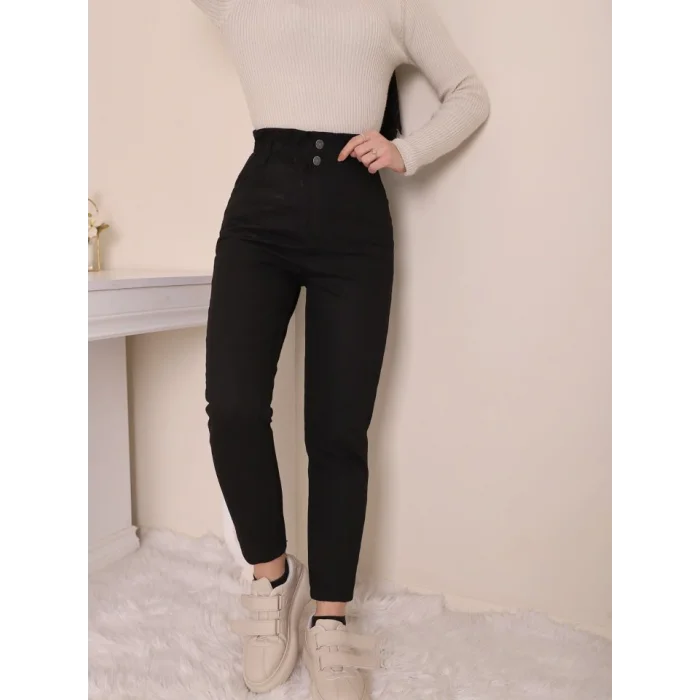 Beli Lastikli Yüksek Bel Kot Pantolon  -Siyah
