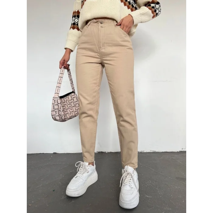 Beli Lastikli Yüksek Bel Kot Pantolon -Vizon