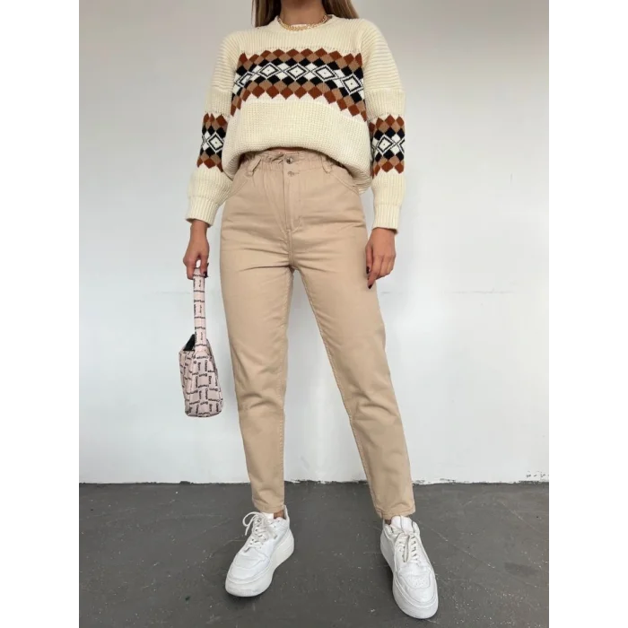 Beli Lastikli Yüksek Bel Kot Pantolon -Vizon