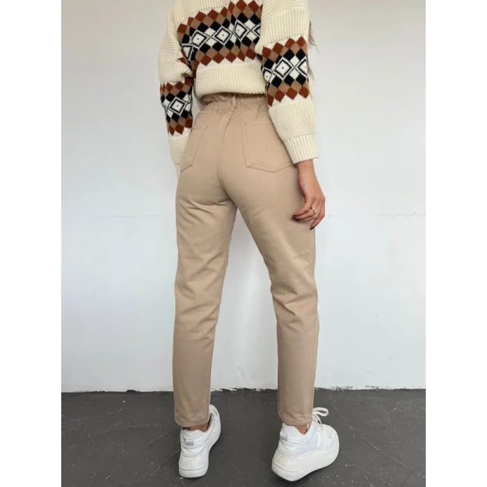 Beli Lastikli Yüksek Bel Kot Pantolon -Vizon