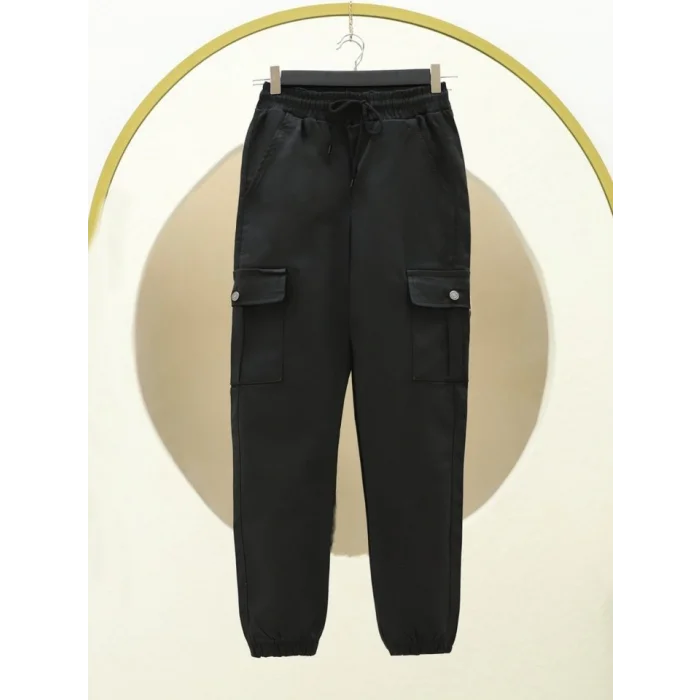 Beli Ve Paçası Lastikli Bağcıklı Kargo Kot Pantolon -Siyah