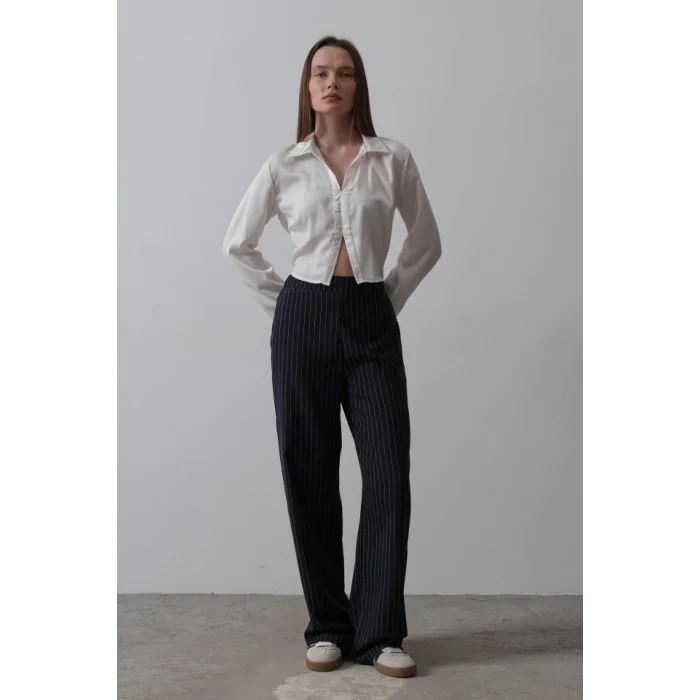 Beli Yarım Lastikli Palazzo Pantolon - Lacivert-Beyaz