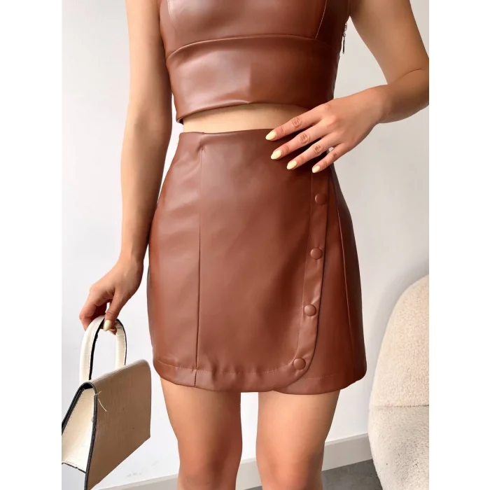 Beş düğmeli oval deri etek kahve h240068