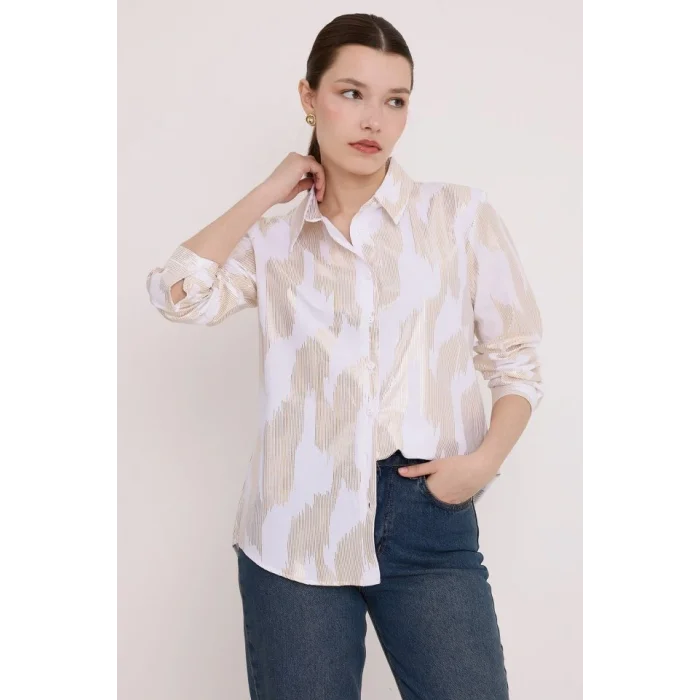 Beyaz Gold Varak Desenli Gömlek 20253