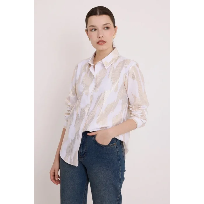 Beyaz Gold Varak Desenli Gömlek 20253