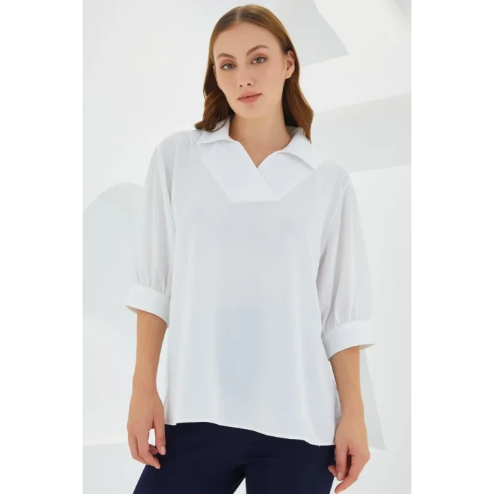 Beyaz Gömlek Yaka Saten Bluz 0493