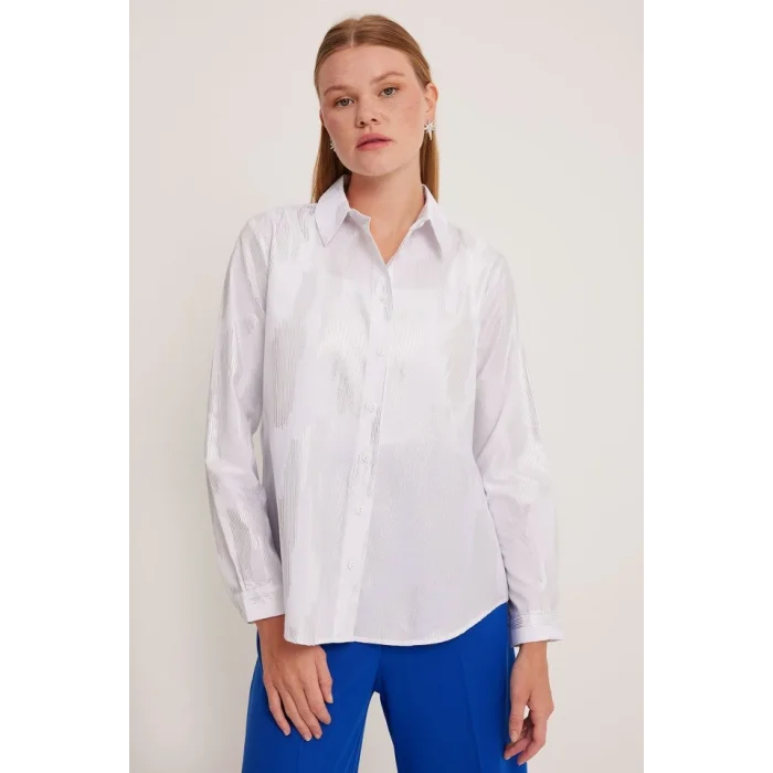 Beyaz Gümüş Varak Desenli Gömlek 20253