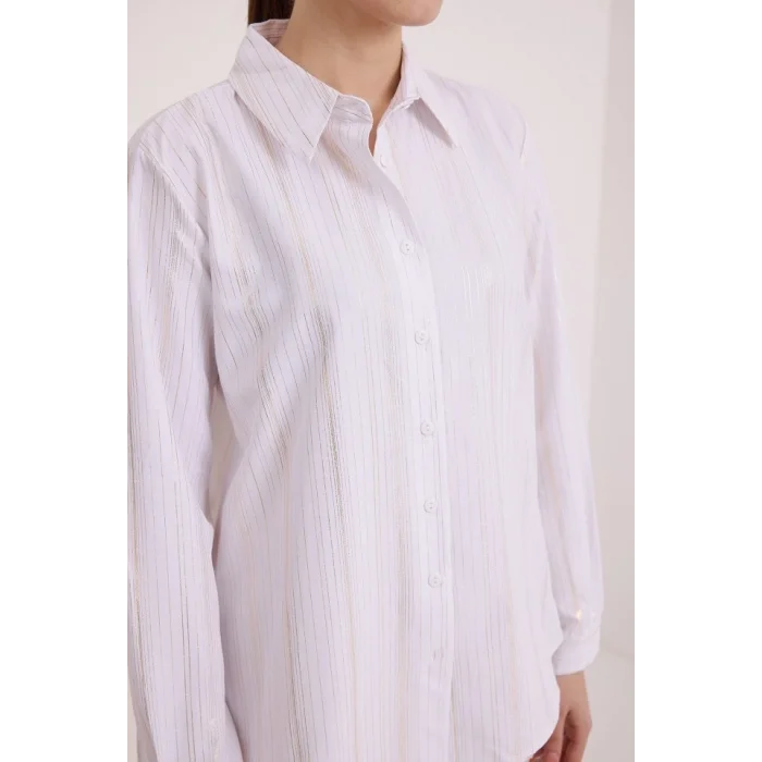 Beyaz Gümüş Varak Desenli Gömlek 20253