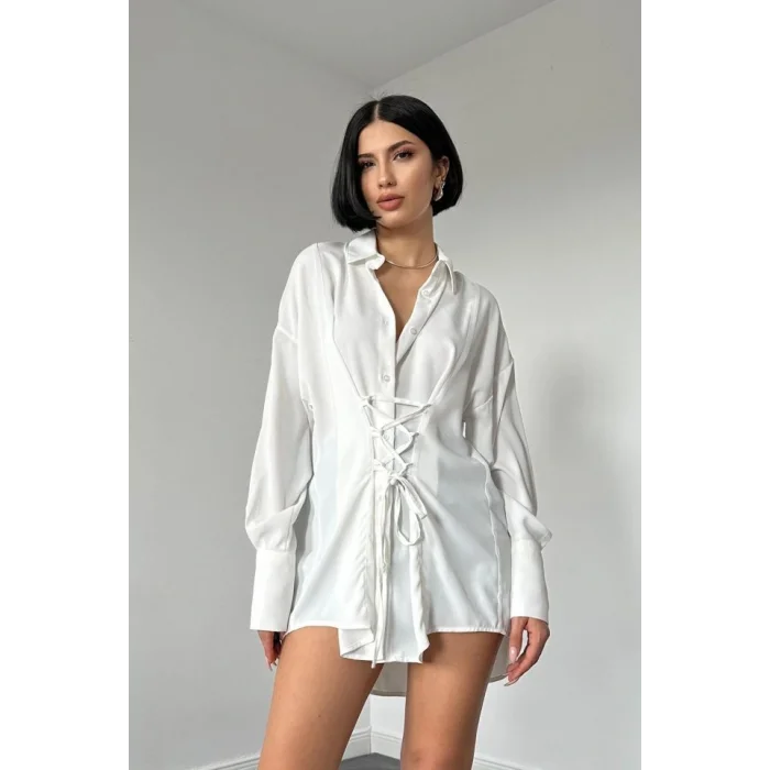 Beyaz Jesica Parçalı Bağcıklı Gömlek