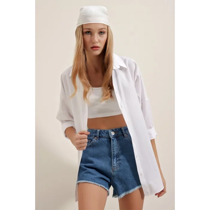 Beyaz Oversize Uzun Basic Gömlek 3900