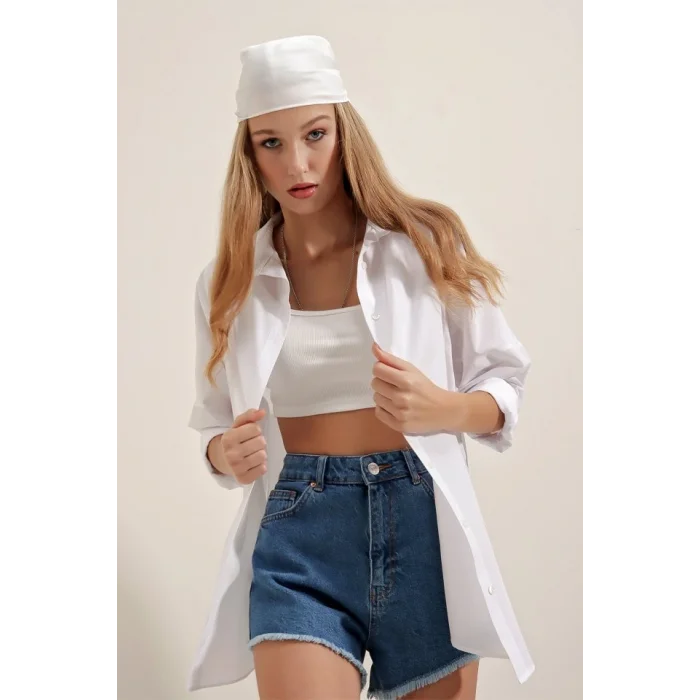 Beyaz Oversize Uzun Basic Gömlek 3900