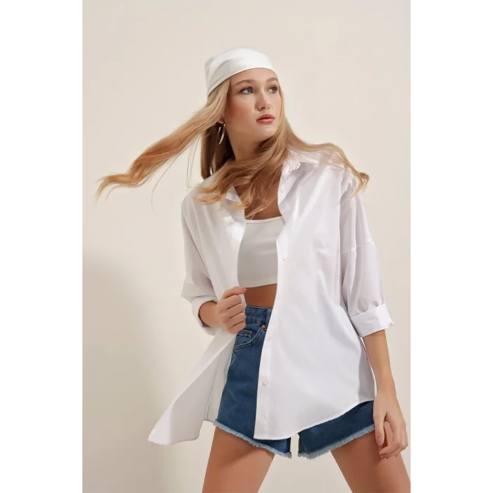 Beyaz Oversize Uzun Basic Gömlek 3900