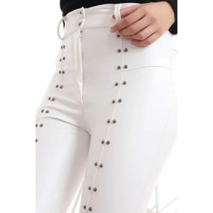 Beyaz Taş İşlemeli Deri Tayt