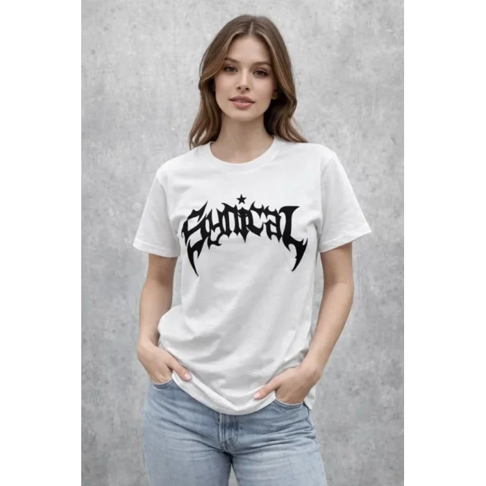 Bisiklet Yaka Ön Baskılı Kısa Kollu Tişört Streetwear Günlük Basic Pamuklu T-shirt - Beyaz