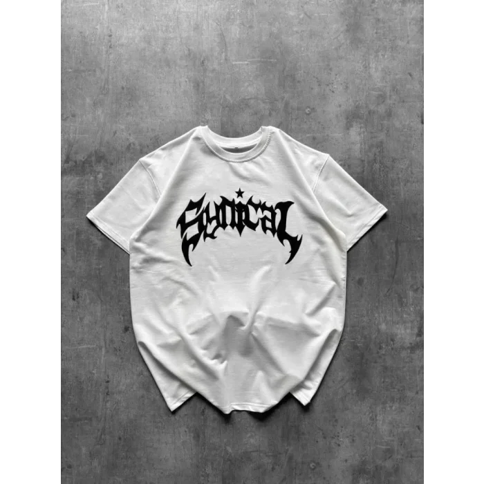 Bisiklet Yaka Ön Baskılı Kısa Kollu Tişört Streetwear Günlük Basic Pamuklu T-shirt - Beyaz