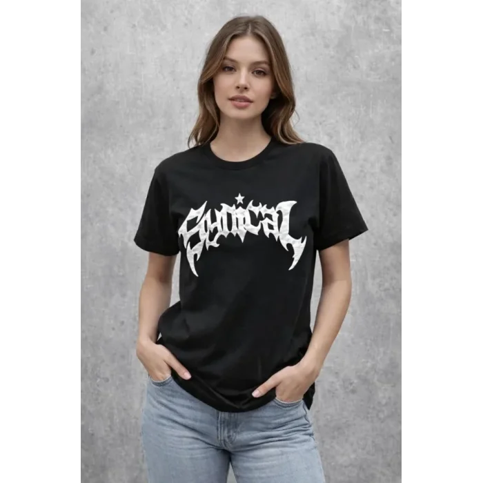 Bisiklet Yaka Ön Baskılı  Kısa Kollu Tişört Streetwear Günlük Basic Pamuklu T-shirt - Siyah