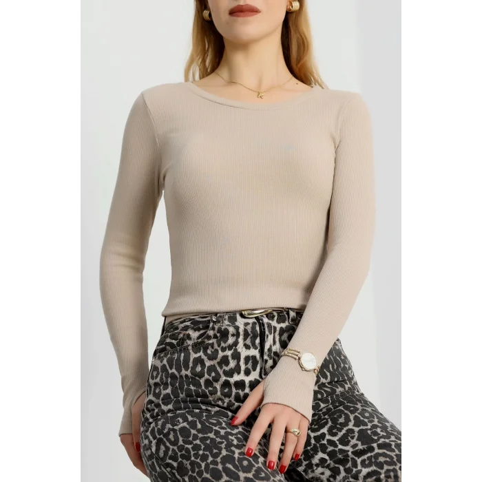 Bisiklet Yaka Parmak Geçmeli Kaşkorse bluz bej a3829